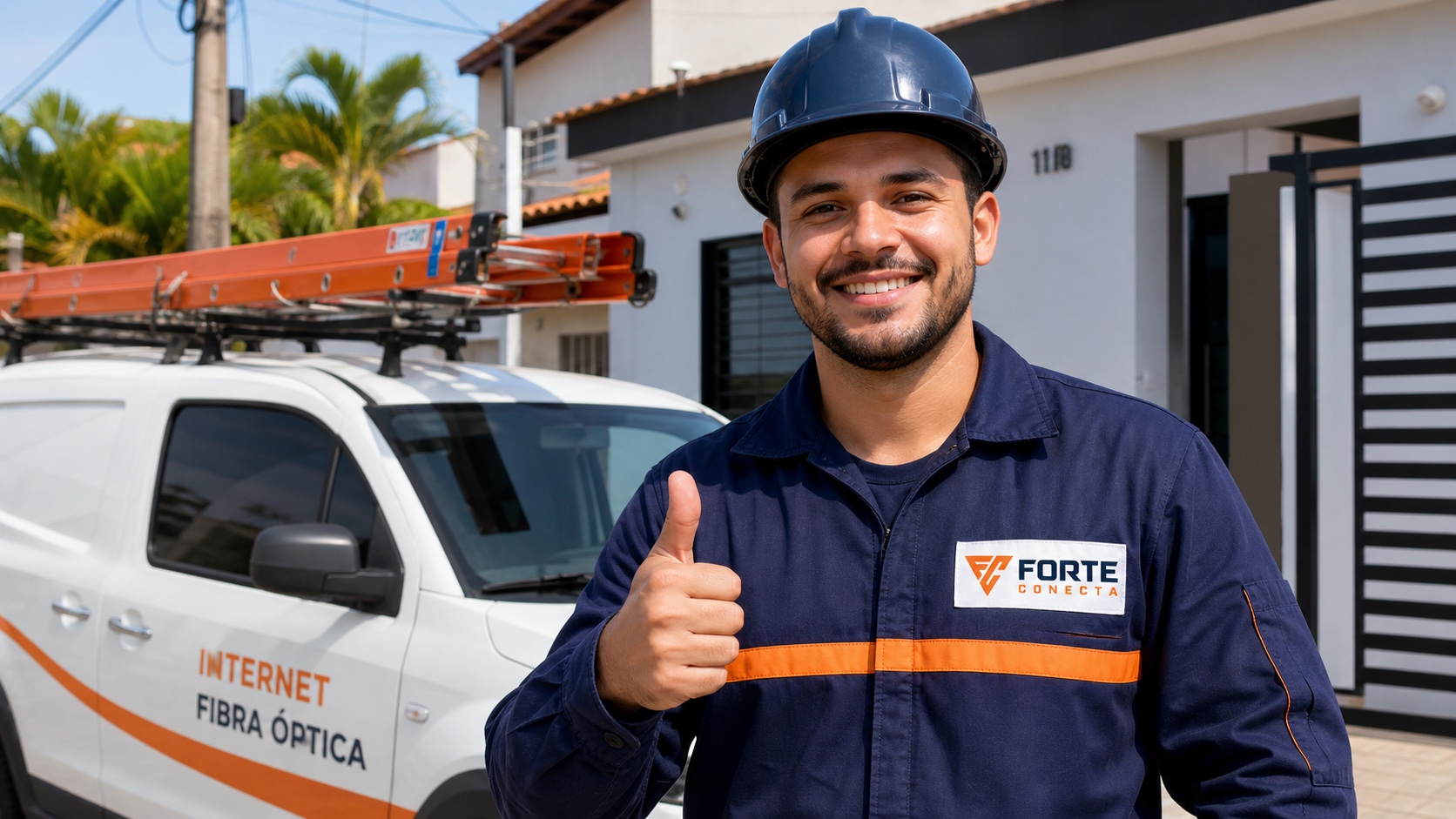 Técnico da Forte Conecta após concluir uma instalação de fibra óptica