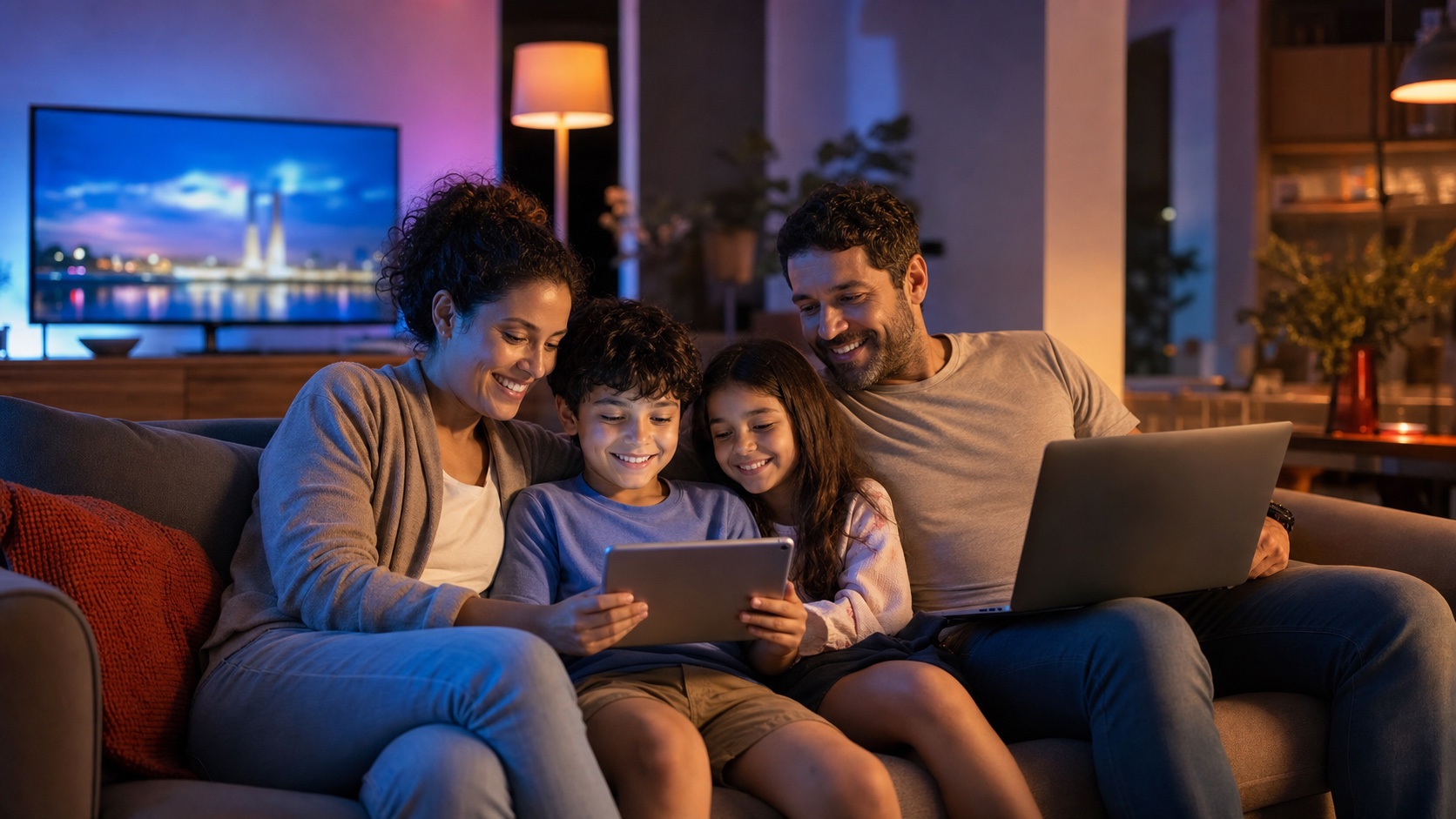 Família conectada usando várias telas