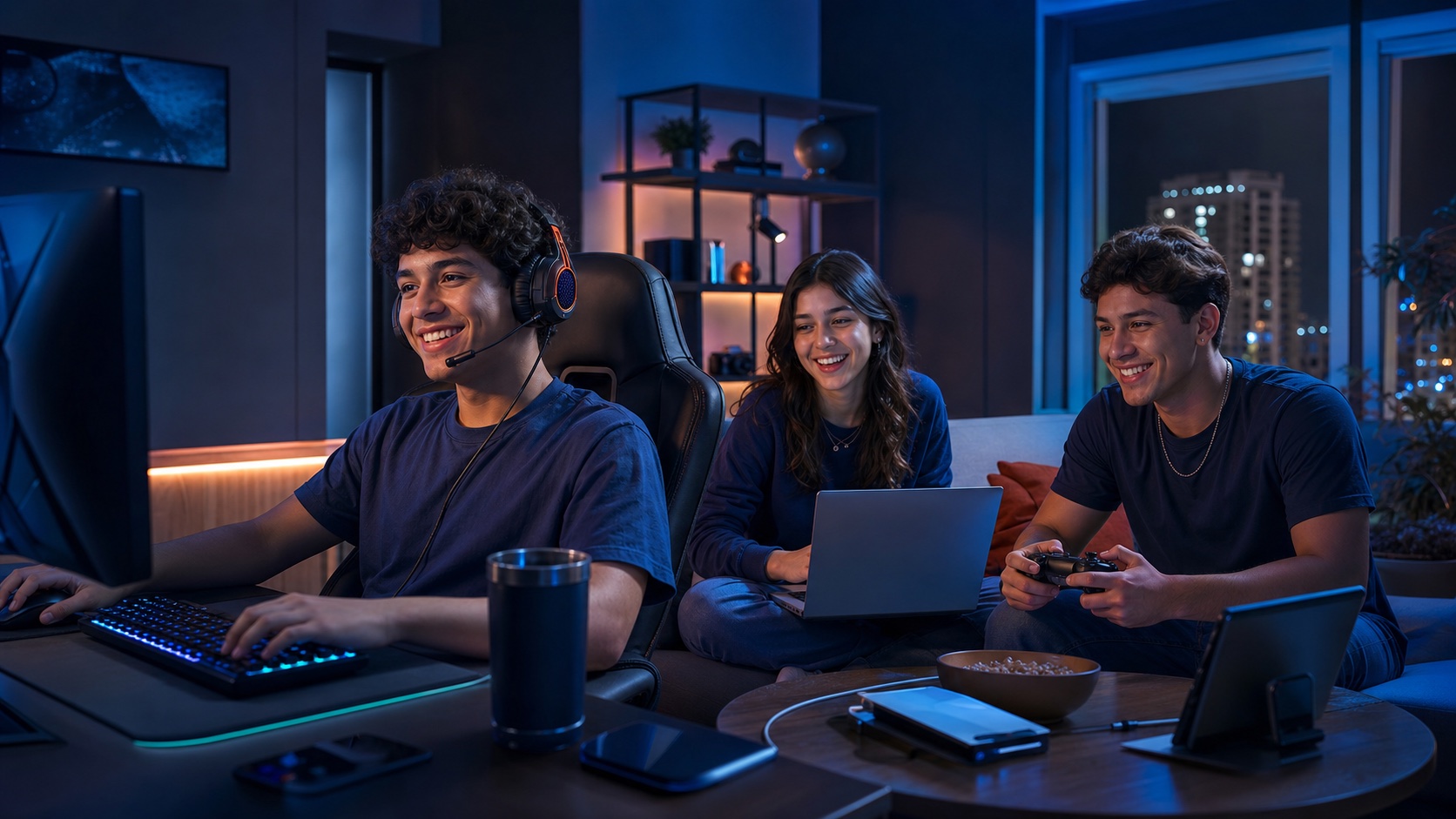 Jovens jogando e usando vários dispositivos